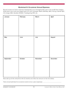 Worksheet to capture expenses that occur once, twice or only a few times per year