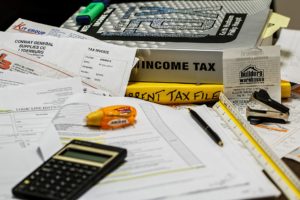 Desk with income tax paperwork